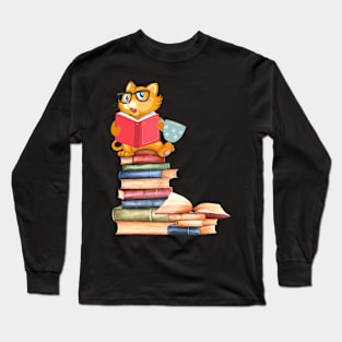 Kittens Cats Tea And Books Favorite Funny Book Lover Reading Long Sleeve T-Shirt